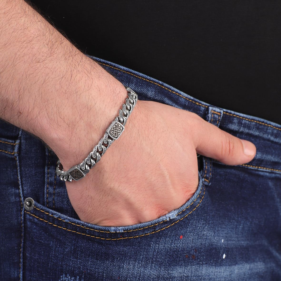 Handmade Gothic Vintage Pattern Mens Bracelet - Made to Order 925 Sterling Silver Personalized Chain Bracelet with Hand-Engraved Detail and Silver Polishing Cloth Gift