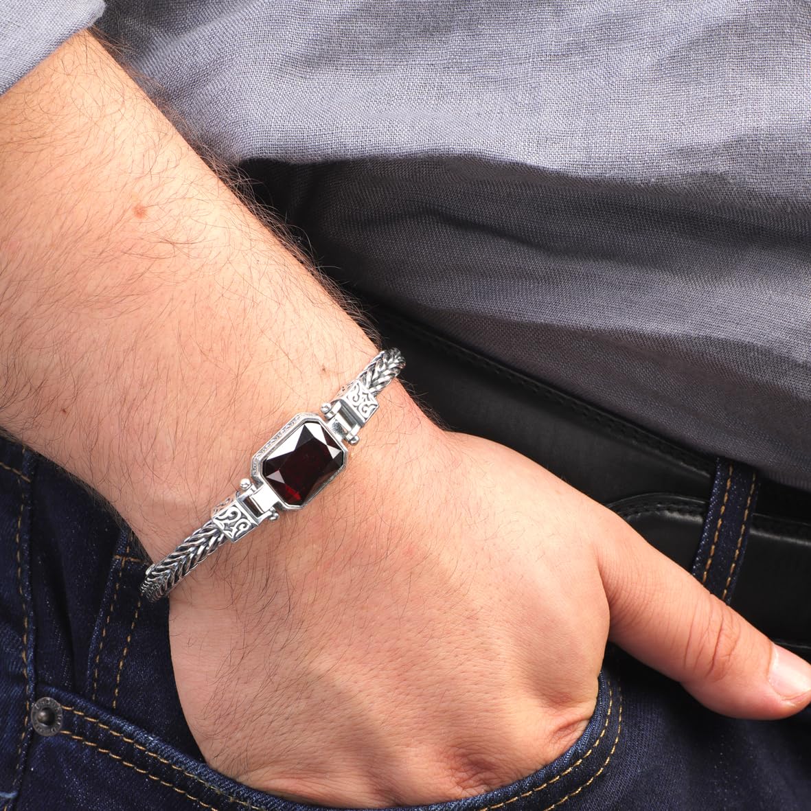 Handmade Garnet Bracelet for Men – Gothic Vintage Chain Bracelet in Sterling Silver – Made to Order