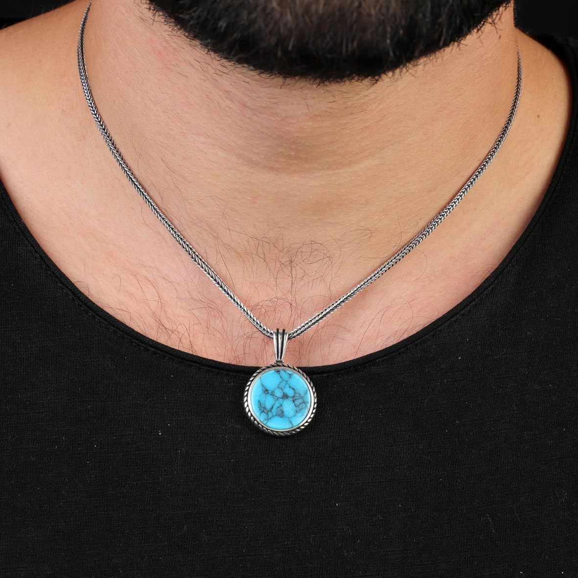 Men’s Turquoise Gemstone Necklace - Sterling Silver Gothic Biker Pendant Chain with Silver Cleaning Cloth Gift