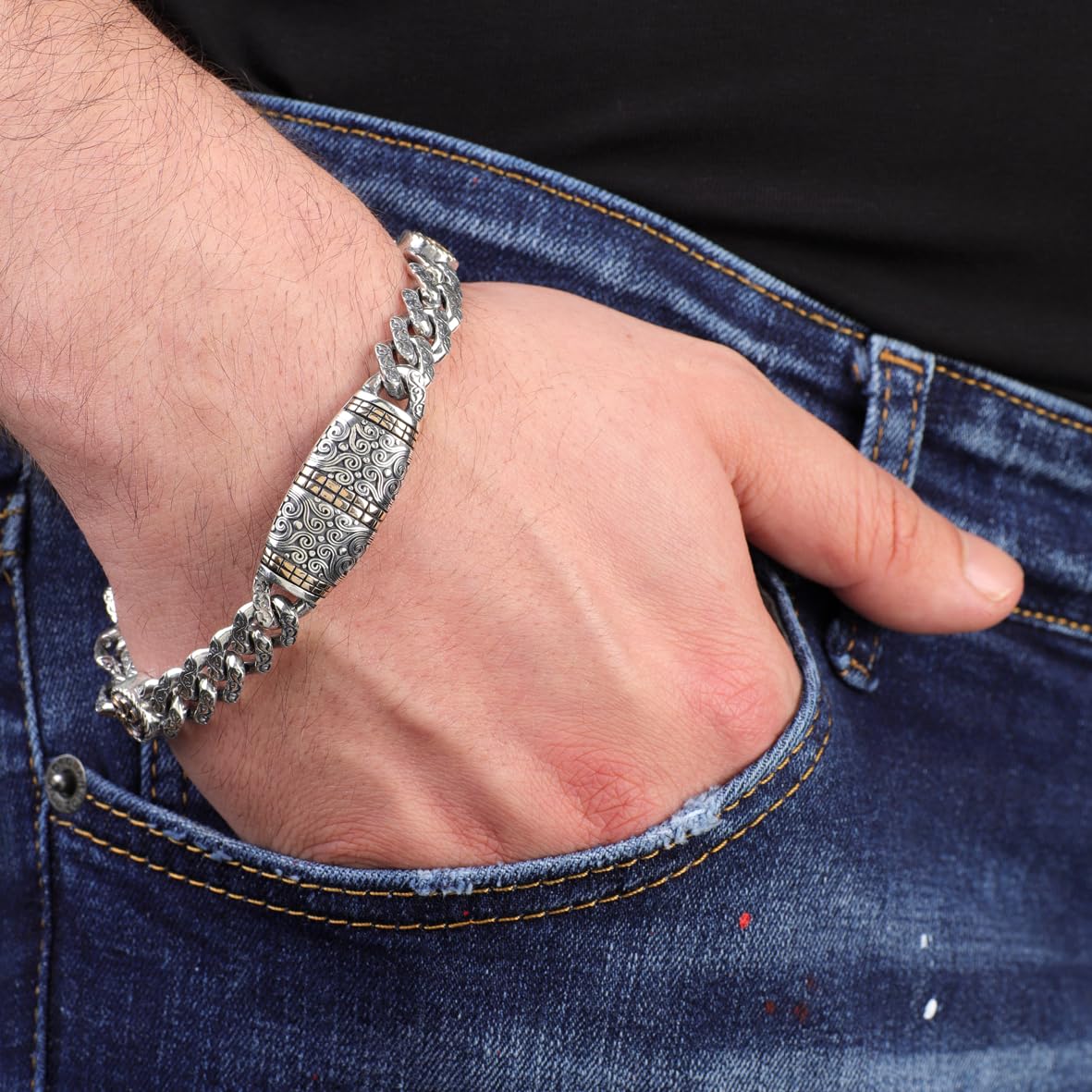 Made to Order Personalized Gothic Vintage Pattern 925 Sterling Silver Chain Bracelet for Men - Hand-Engraved Handmade Bracelet with Silver Polishing Cloth Gift