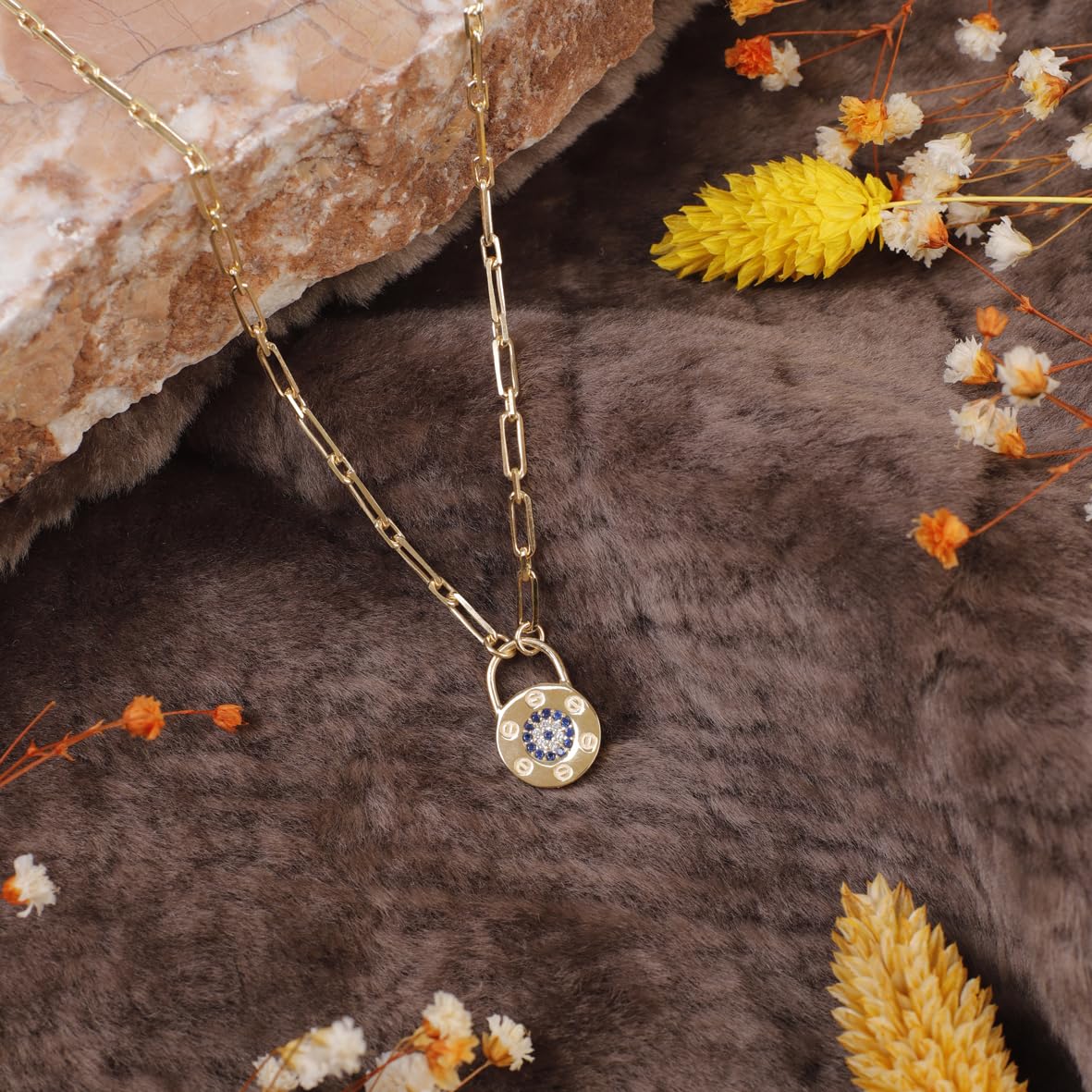 Sterling Silver Evil Eye Necklace and Lock - Cute Evil Eye Necklace and Lock in Gold Jewelry - Aesthetic Charm - Birthday Gifts for Women