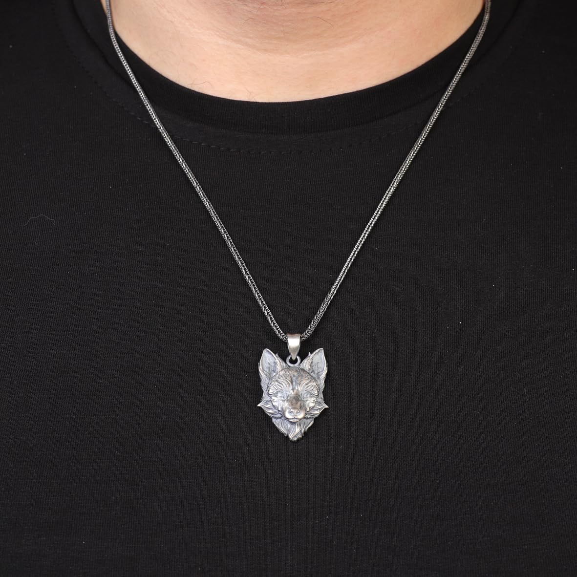 Sterling Silver Wolf Necklace – Gothic Animal Pendant – Biker Mens Necklace with Silver Chain & Silver Cleaning Cloth Gift