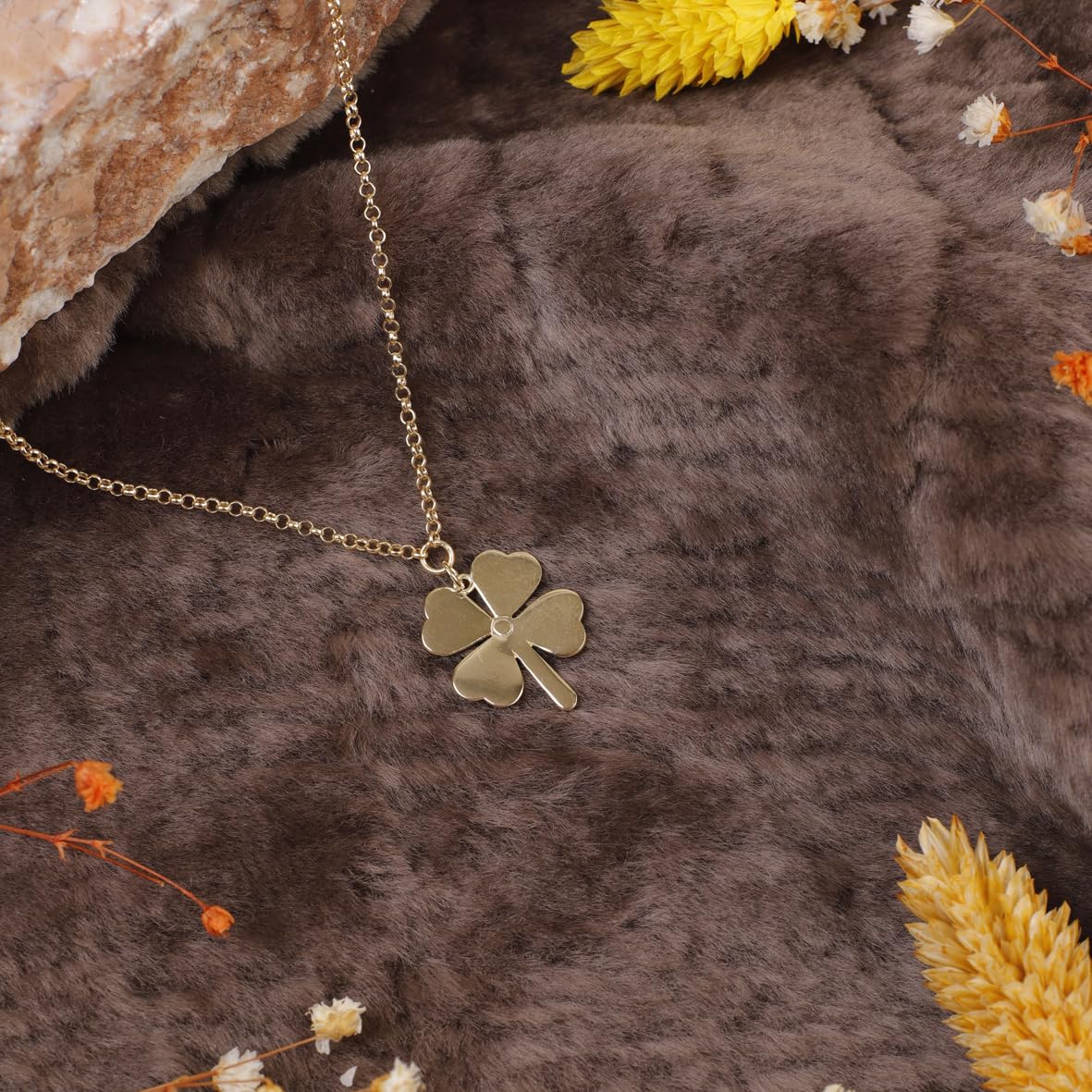 Gold Plated Sterling Silver Necklace with Four Leaf Clover Charm - Four Leaf Clover Necklace in Gold Plated Jewelry Collection for Women - Birthday Gifts for Women