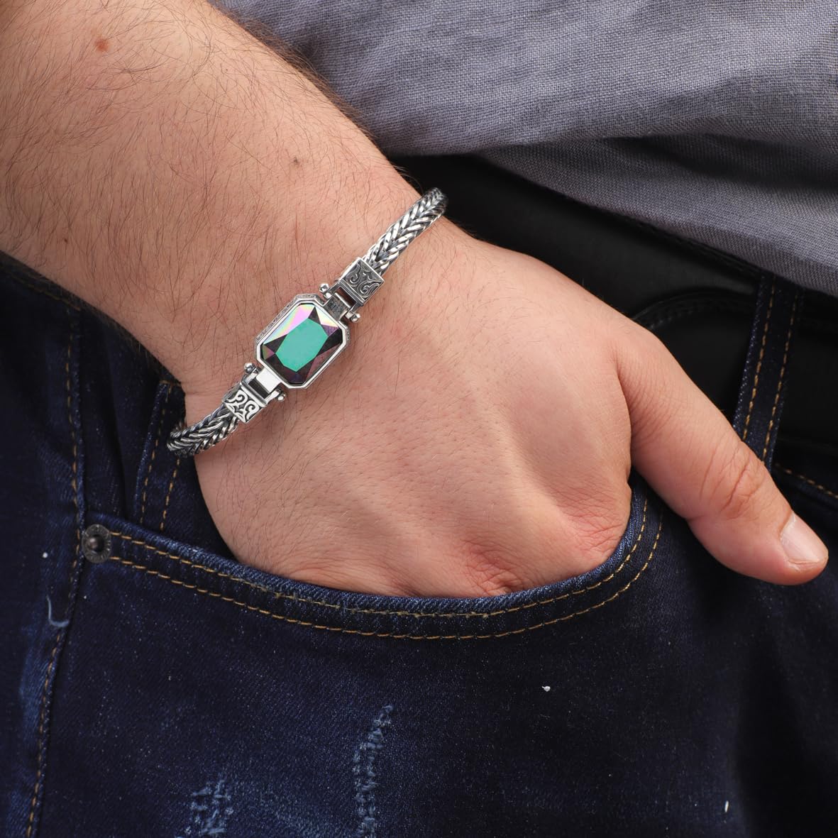 Mystical Topaz Gemstone Vintage Bracelet – Handmade Gothic Sterling Silver Chain Bracelet for Men