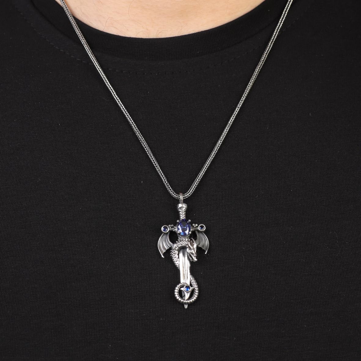 Dragon Necklace & Sword Pendant – Sterling Silver Sapphire Necklace