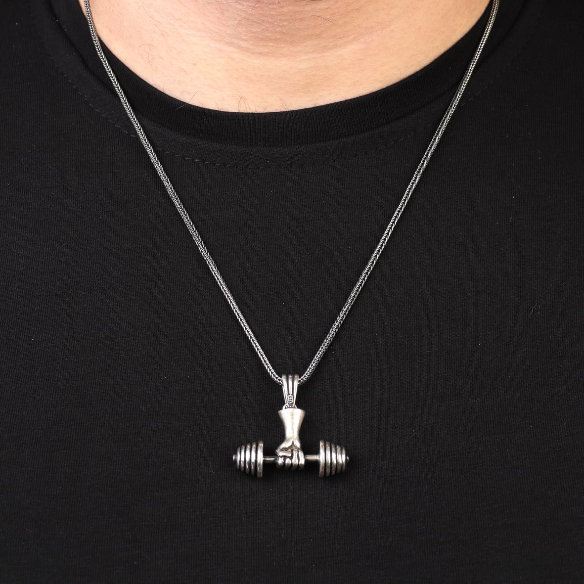 Sterling Silver Dumbbell Necklace – Polished Fitness Pendant for Men