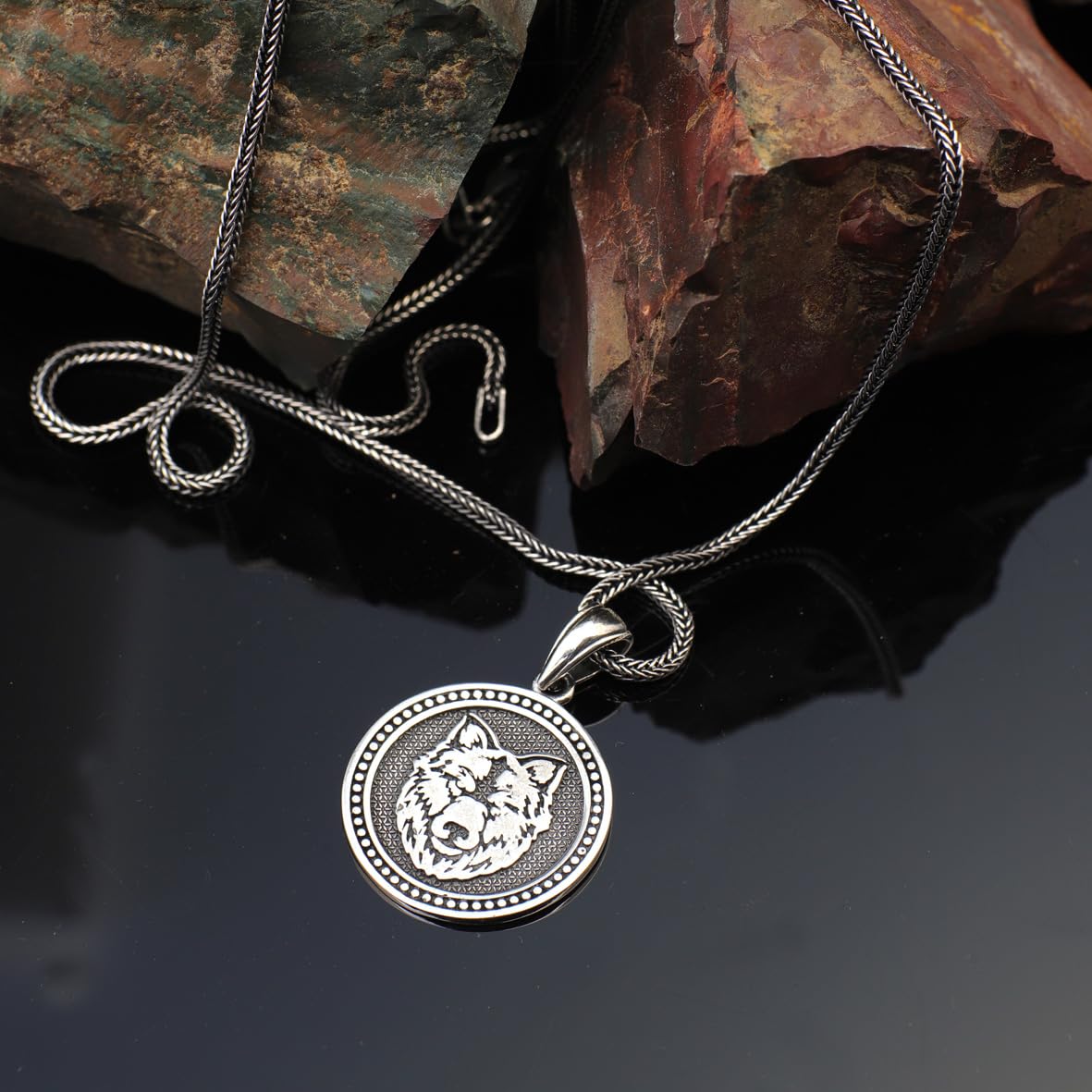 Sterling Silver Wolf Necklace - Gothic Biker Animal Pendant for Men with Silver Chain & Cleaning Cloth Gift - Men’s Wolf Pendant Necklace