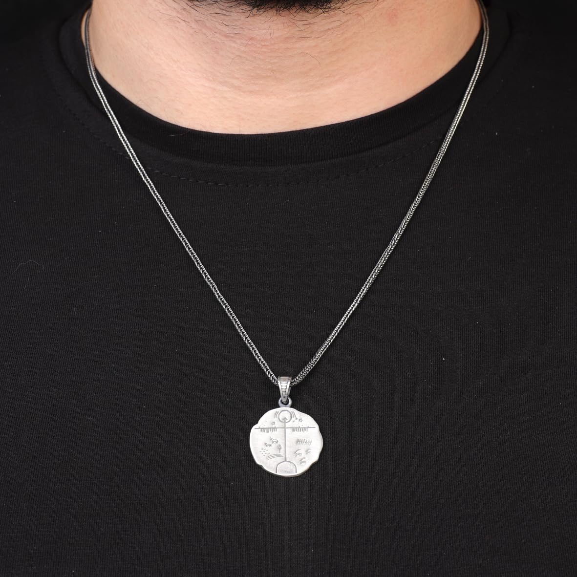 Shaman Motif Cam Drum Necklace – Sterling Silver Mens Pendant on Silver Chain