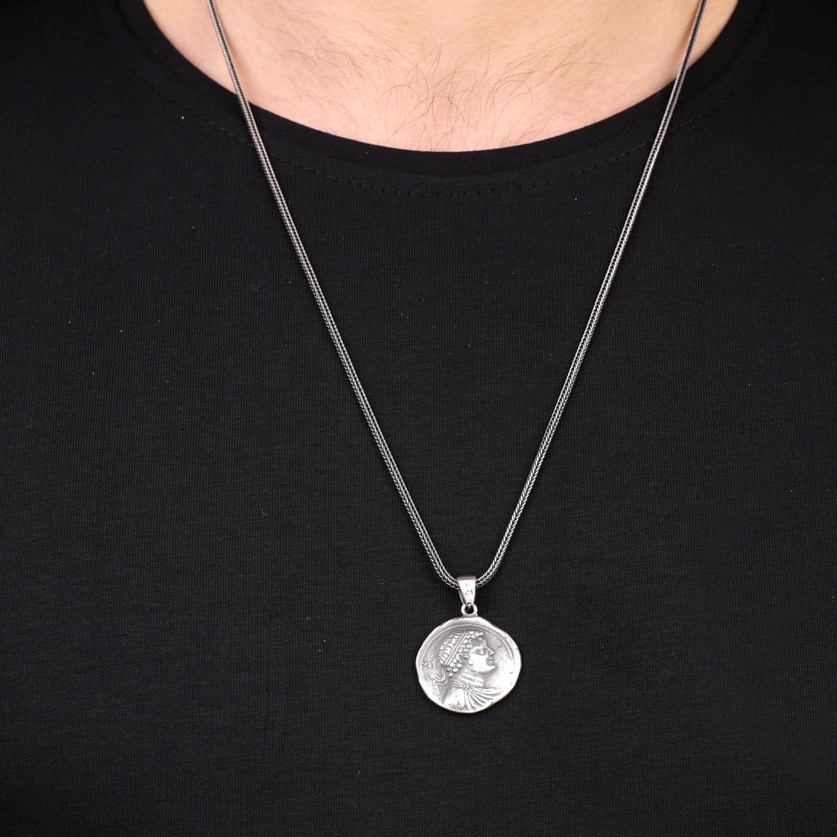 Sterling Silver Men's Coin Necklace with Antique Caesar Pendant - Antique Caesar Design in Sterling Silver - Birthday Gifts