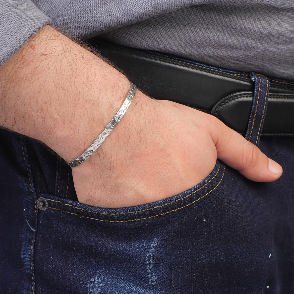 Sterling Silver Mens Bracelet – Thick Handmade Band Cuff