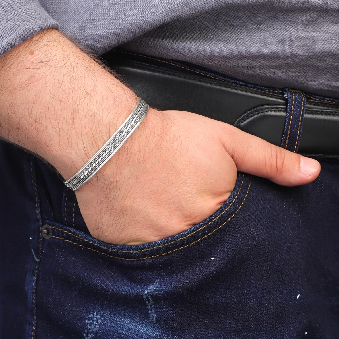Men Thick Silver Band Bracelet – Handmade Sterling Silver Cuff Bracelet with Embroidered Design
