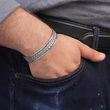 Men Thick Silver Band Bracelet – Handmade Sterling Silver Cuff Bracelet with Embroidered Design — image 3