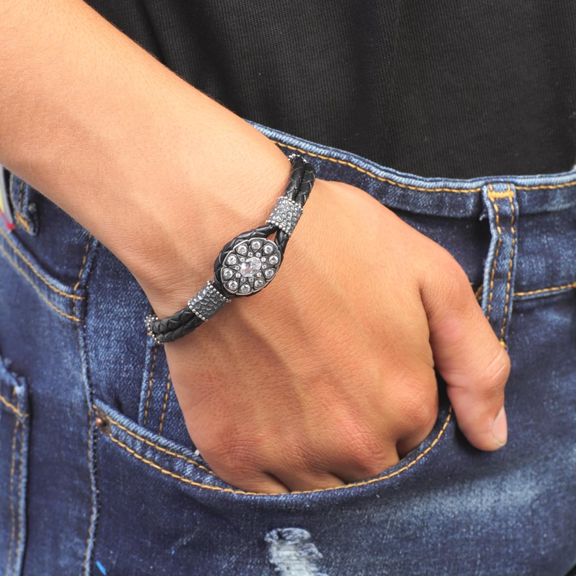 Men Leather Bracelet with Silver Natural White Sapphire – Vintage Sterling Silver Bracelet