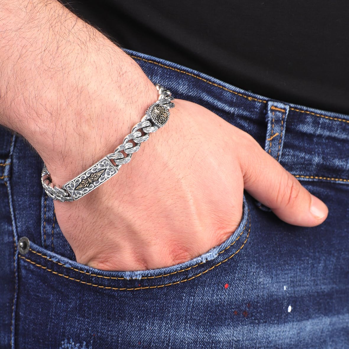 Handmade Gothic Vintage Pattern Mens Bracelet - Made to Order 925 Sterling Silver Personalized Chain Bracelet with Hand-Engraved Detail and Silver Polishing Cloth Gift