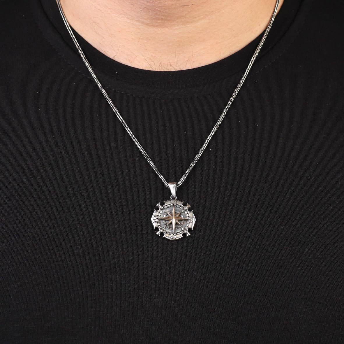 Gothic Compass Necklace for Men - Sterling Silver Pendant with Silver Chain &Silver Cleaning Cloth Gift - Biker Gothic Pendant -Silver Chain
