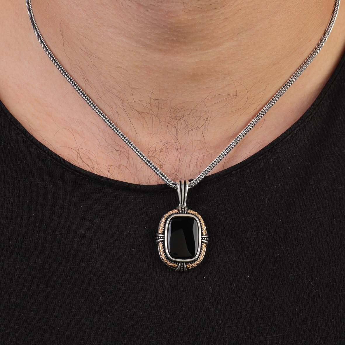 Black Onyx Gemstone Necklace - Sterling Silver Men’s Gothic Biker Pendant Chain with Silver Cleaning Cloth Gift