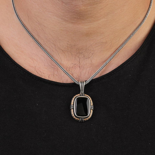 Black Onyx Gemstone Necklace - Sterling Silver Men’s Gothic Biker Pendant Chain with Silver Cleaning Cloth Gift
