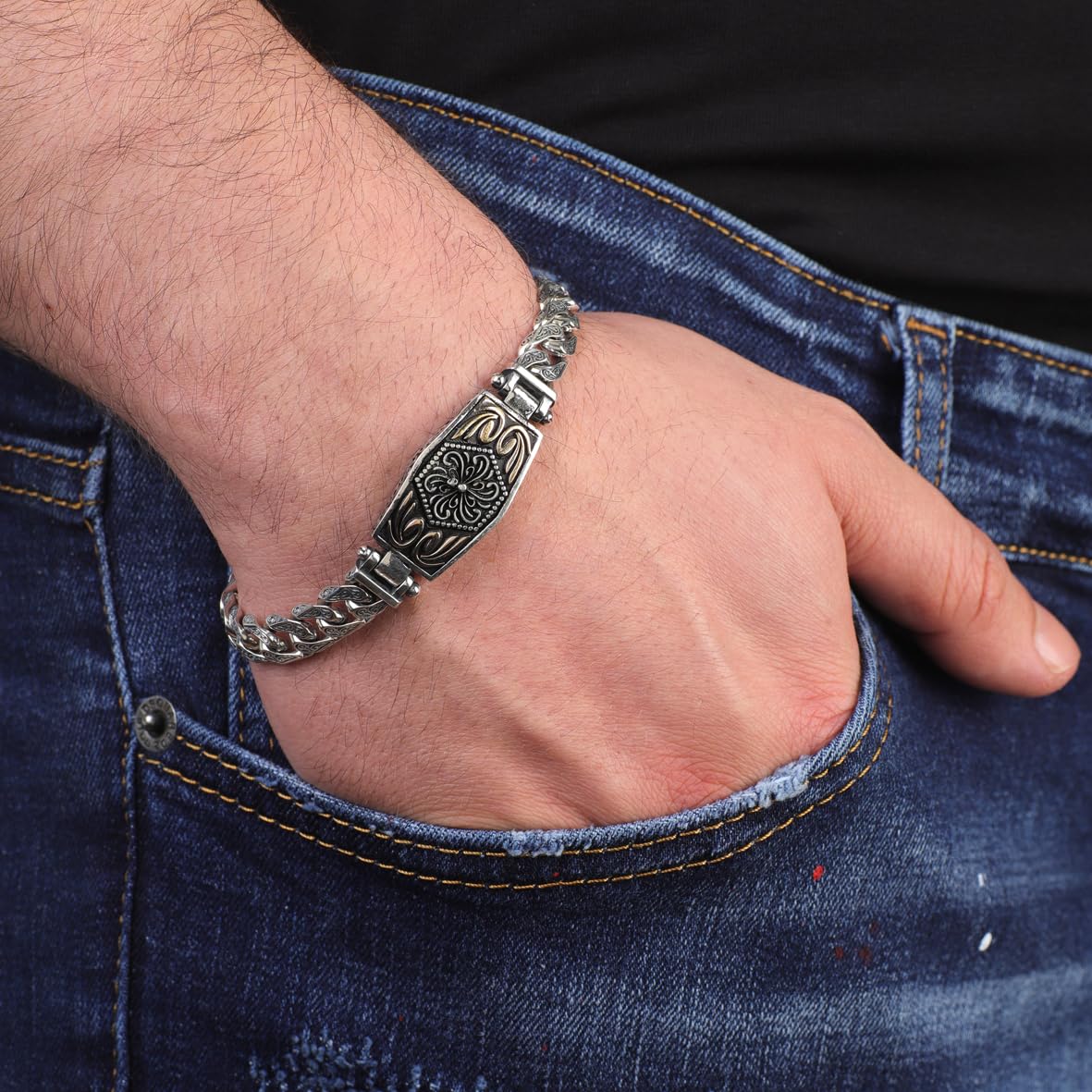 Personalized Gothic Vintage Pattern 925 Sterling Silver Chain Bracelet for Men - Handmade Hand-Engraved Bracelet with Silver Polishing Cloth Gift