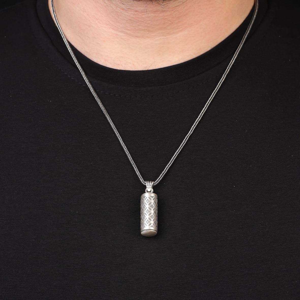 Sterling Silver Pill Box Pendant Necklace – Polished Prayer Box Locket Pendant – Oil Pendant Necklace for Men – Silver Chain Mens Pendant