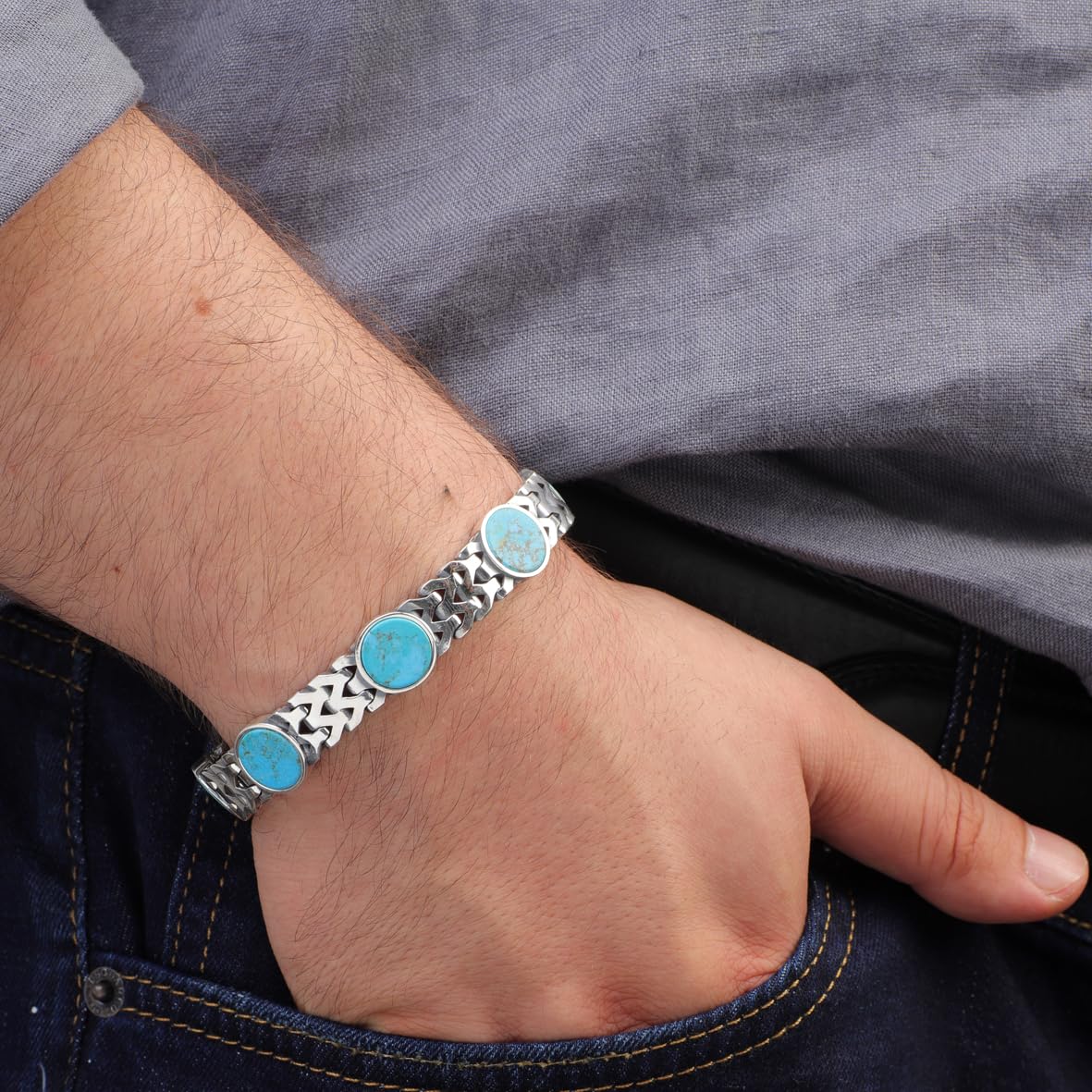 Handmade Turquoise Bracelet for Men – Gothic Vintage Chain Bracelet in Sterling Silver – Made to Order