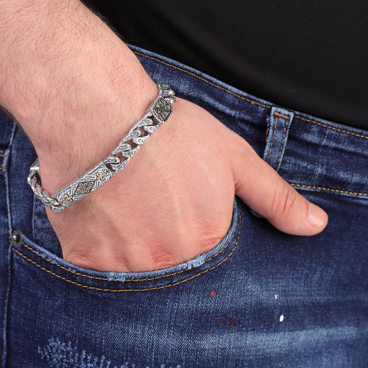 Personalized Gothic Vintage Pattern 925 Sterling Silver Chain Bracelet for Men - Handmade Hand-Engraved Bracelet with Silver Polishing Cloth Gift