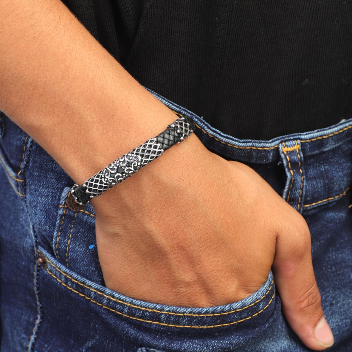 Vintage Men Leather Bracelet with Onyx Stone – Handmade Sterling Silver