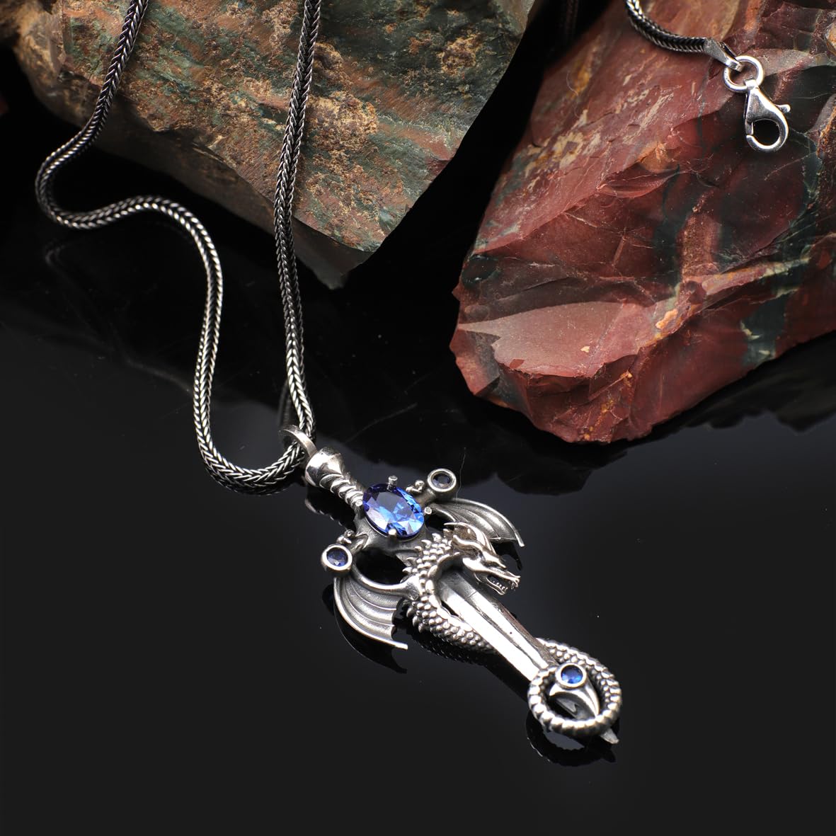 Dragon Necklace & Sword Pendant – Sterling Silver Sapphire Necklace