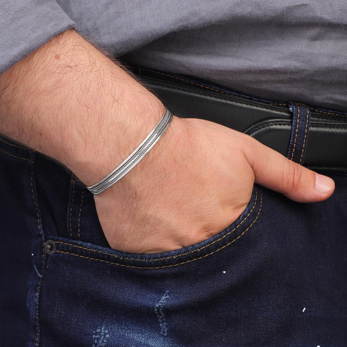 Men Thick Silver Band Bracelet – Handmade Sterling Silver Cuff Bracelet with Embroidered Design