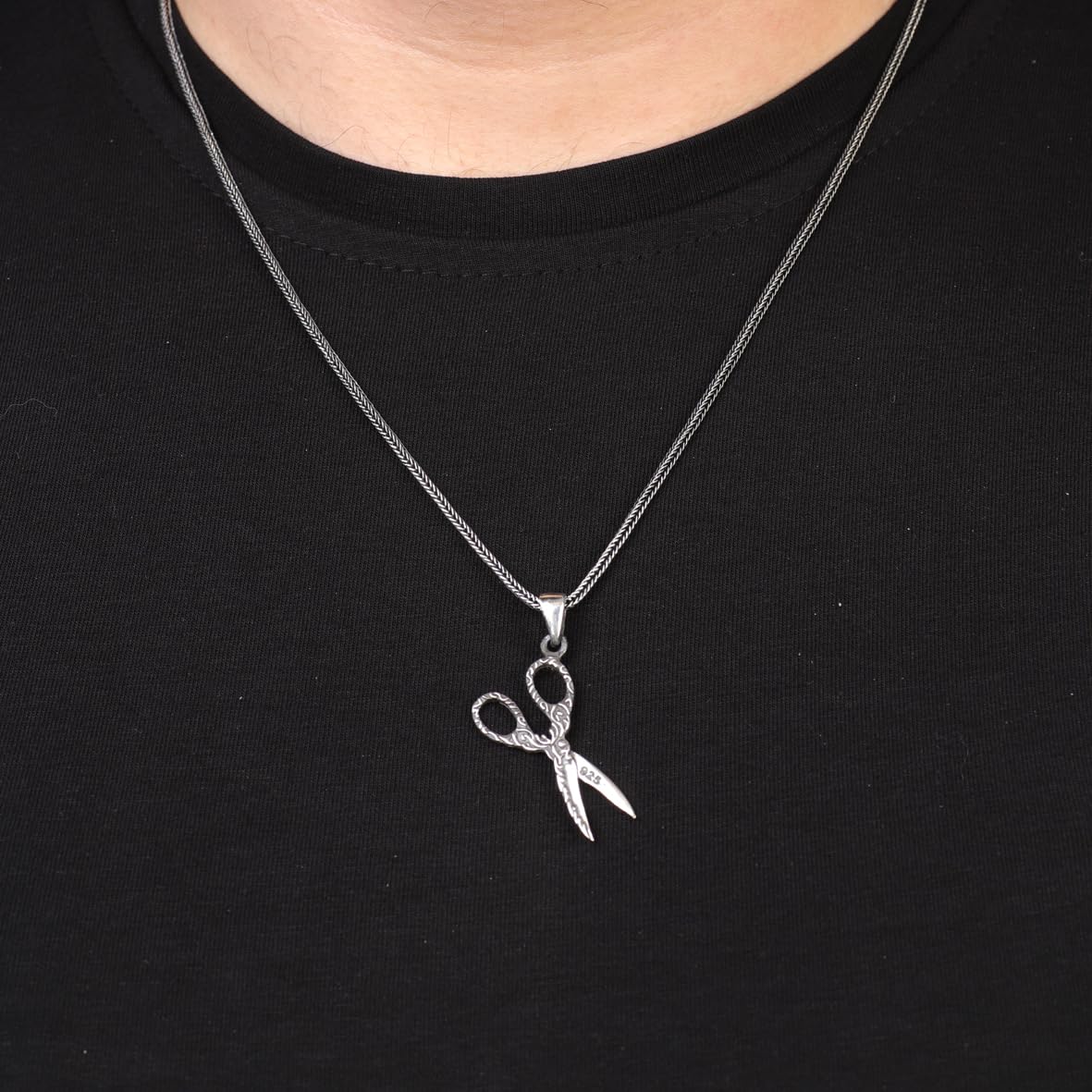 Gothic Scissor Necklace – Sterling Silver Barber Pendant – Polished Mens Necklace with Silver Chain – Unique Gift with Silver Cleaning Cloth