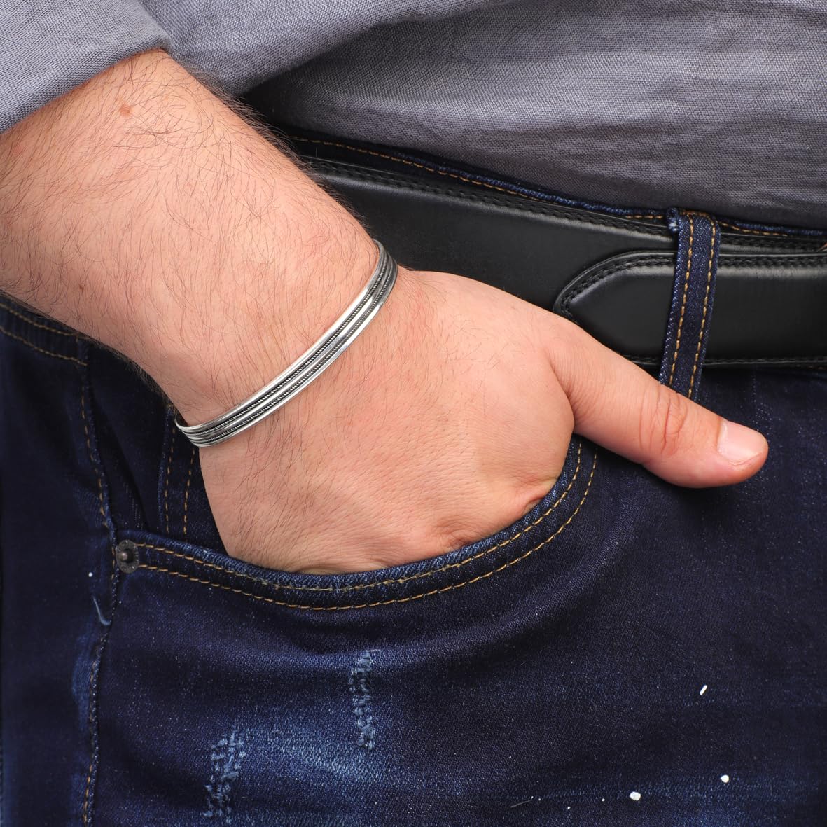 Hand-Engraved Thick Silver Band Bracelet for Men – Handmade Sterling Silver Cuff