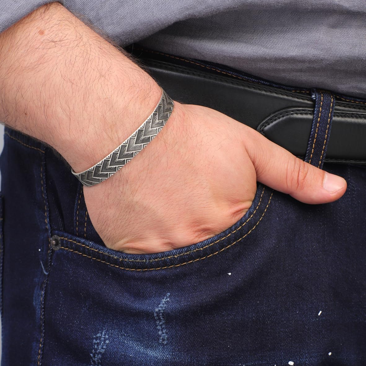 Handmade Silver Cuff Bracelet for Men – Thick Sterling Silver Band with Embroidered Vintage Design