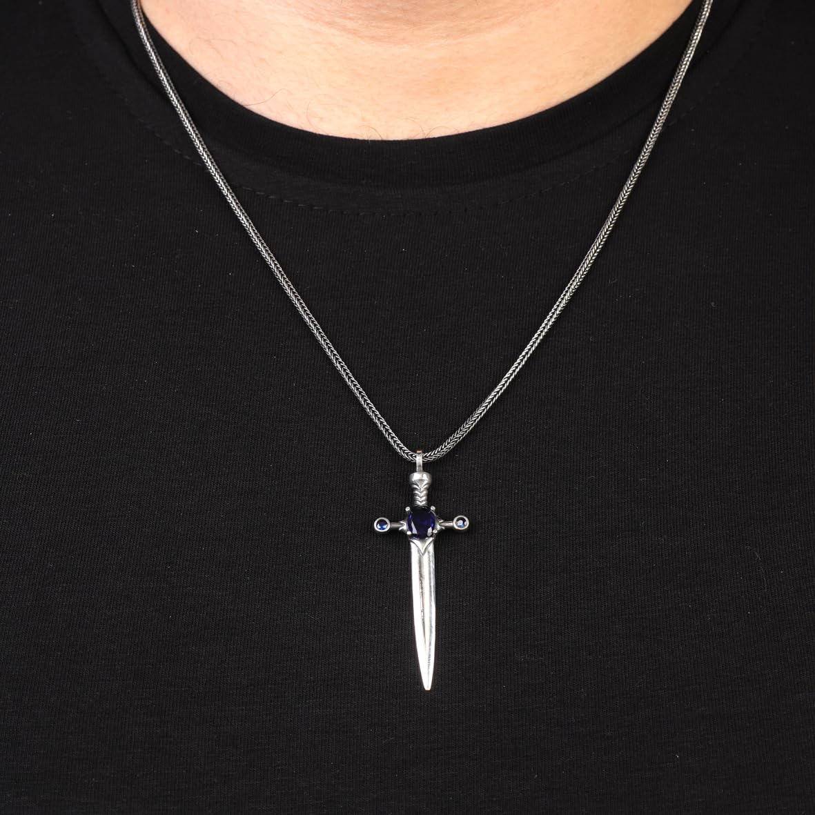 Sapphire Sword Necklace for Men in Sterling Silver – Gothic and Biker Pendant