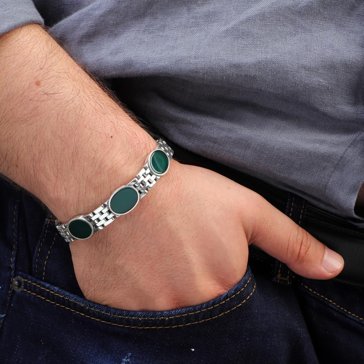 Vintage Jade Gemstone Bracelet – Handmade Sterling Silver Chain Bracelet for Men – Gothic