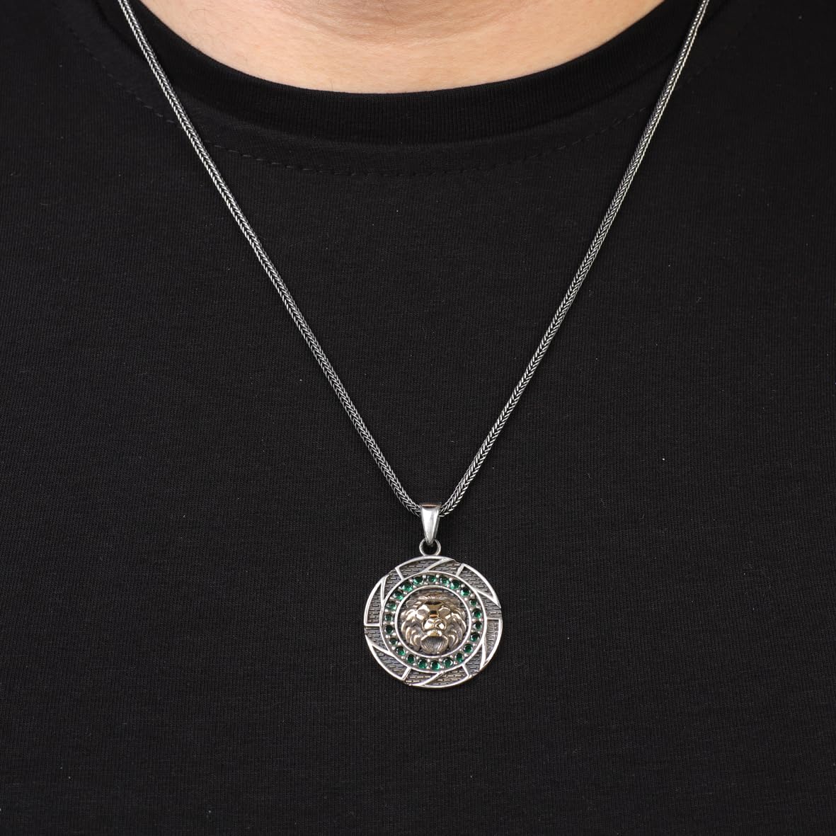Sterling Silver Lion Necklace with Emerald Pendant