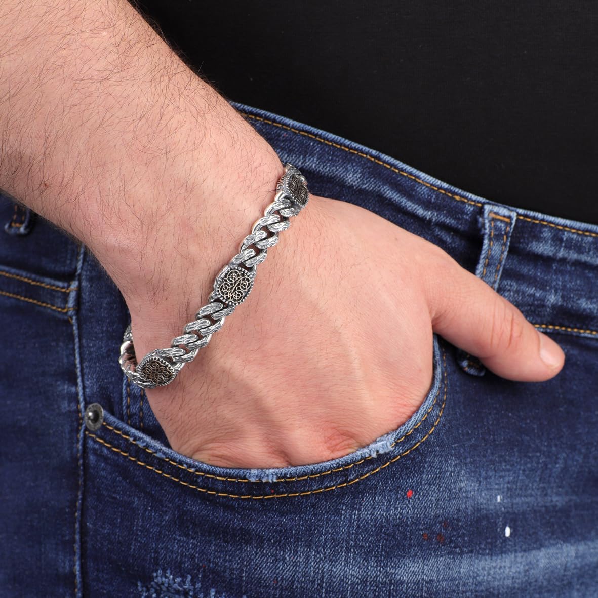 Handmade Gothic Vintage Pattern Mens Bracelet - Made to Order 925 Sterling Silver Personalized Chain Bracelet with Hand-Engraved Detail and Silver Polishing Cloth Gift