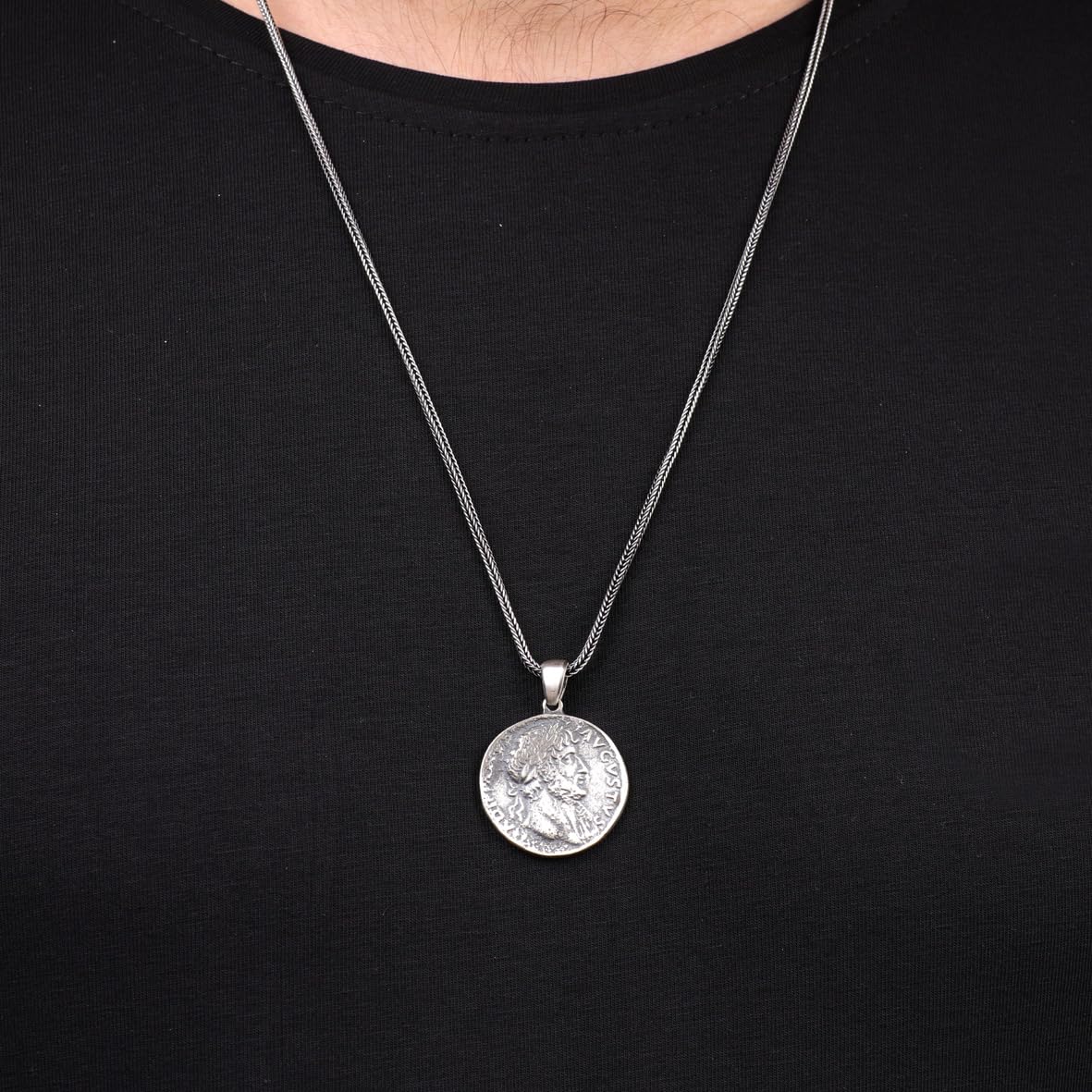 Sterling Silver Men's Mythology Necklace with Antique Caesar Coin Pendant and Silver Chain - Birthday Gifts