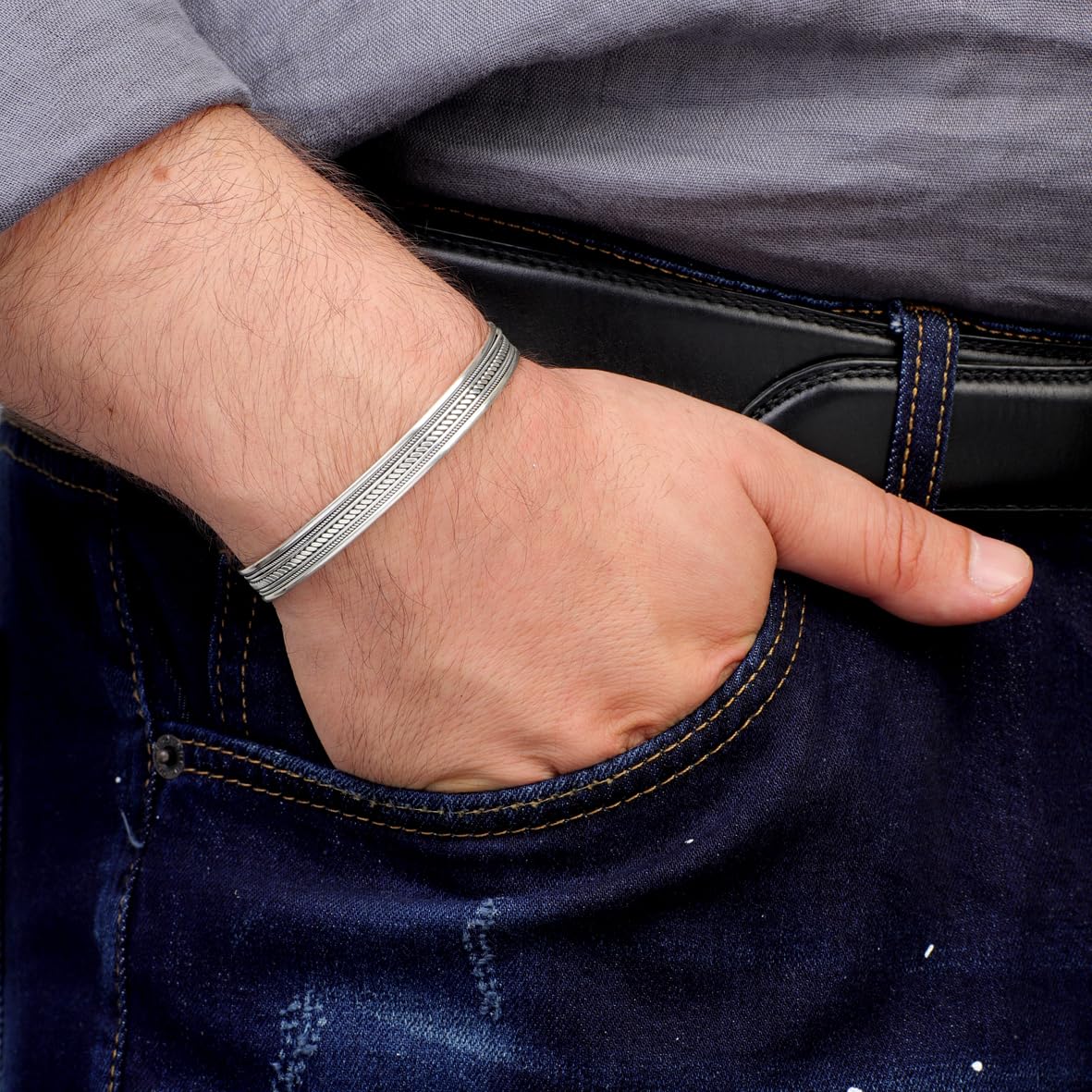 Hand-Engraved Thick Silver Band Bracelet for Men – Handmade Sterling Silver Cuff