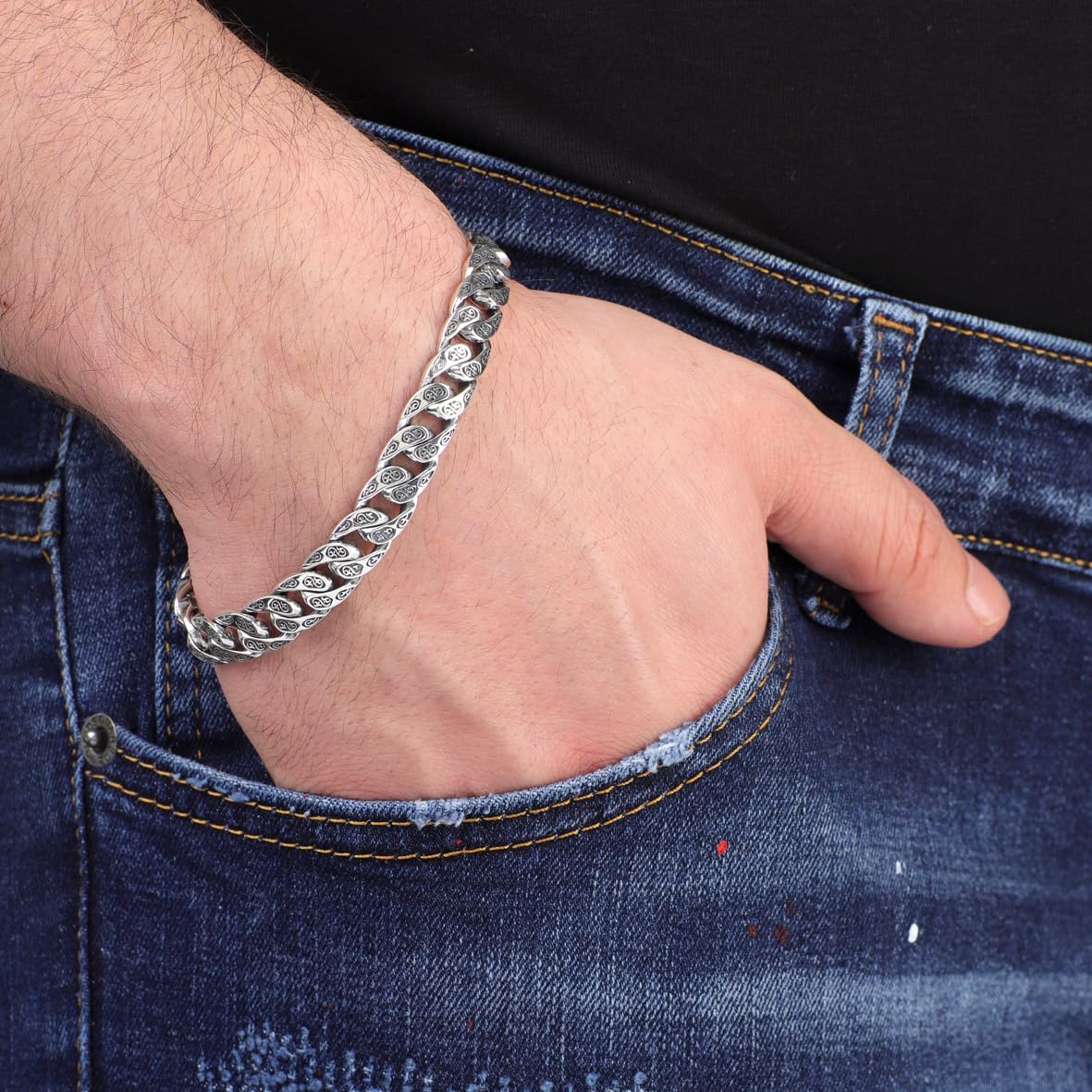 Made to Order Men's Gothic Vintage Pattern Hand-Engraved 925 Sterling Silver Chain Bracelet with Personalized Touch and Silver Polishing Cloth Gift