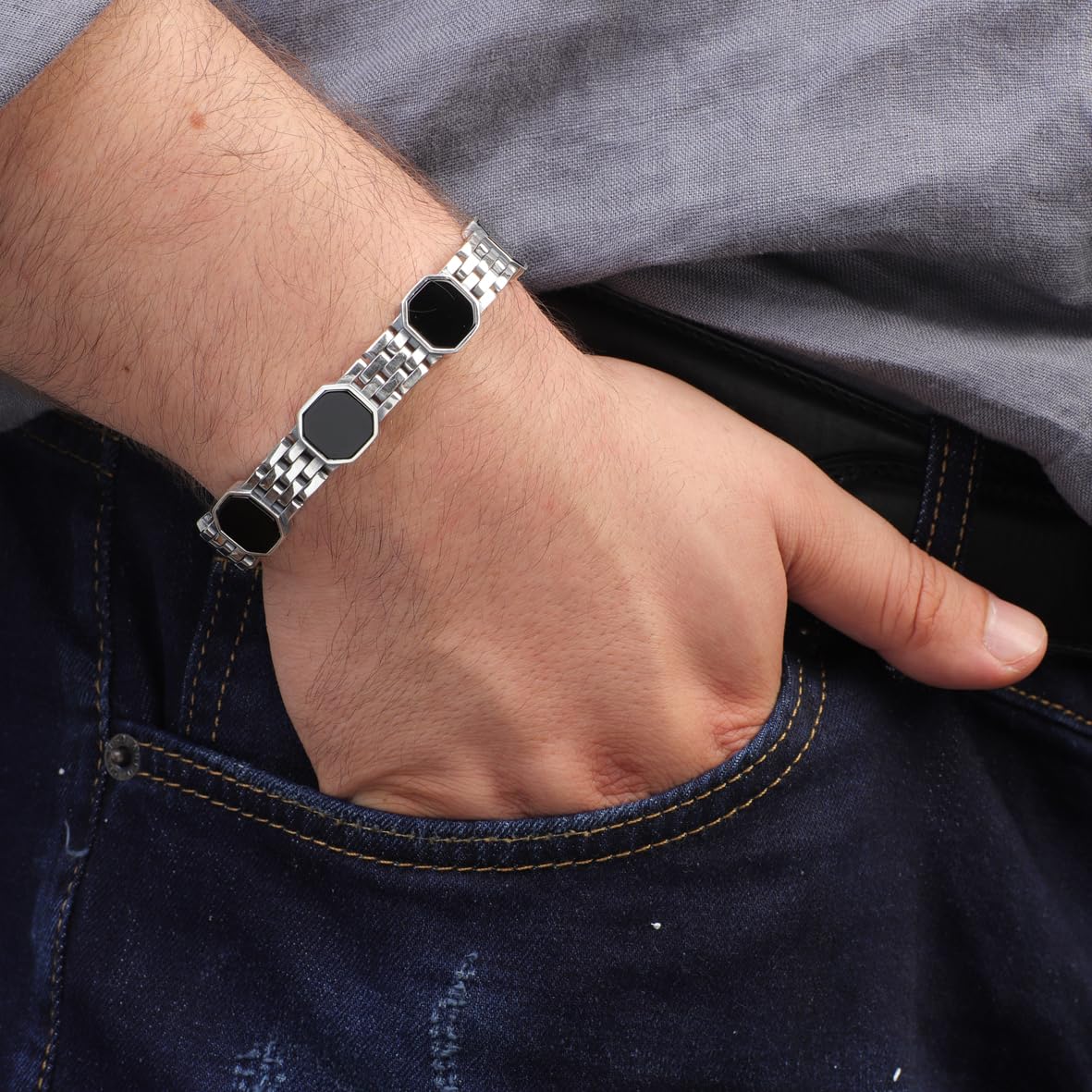 Made to Order Onyx Gemstone Vintage Bracelet – Handmade Sterling Silver Chain Bracelet for Men – Hand-Engraved Gothic Personalize Bracelet with Gift Silver Polishing Cloth