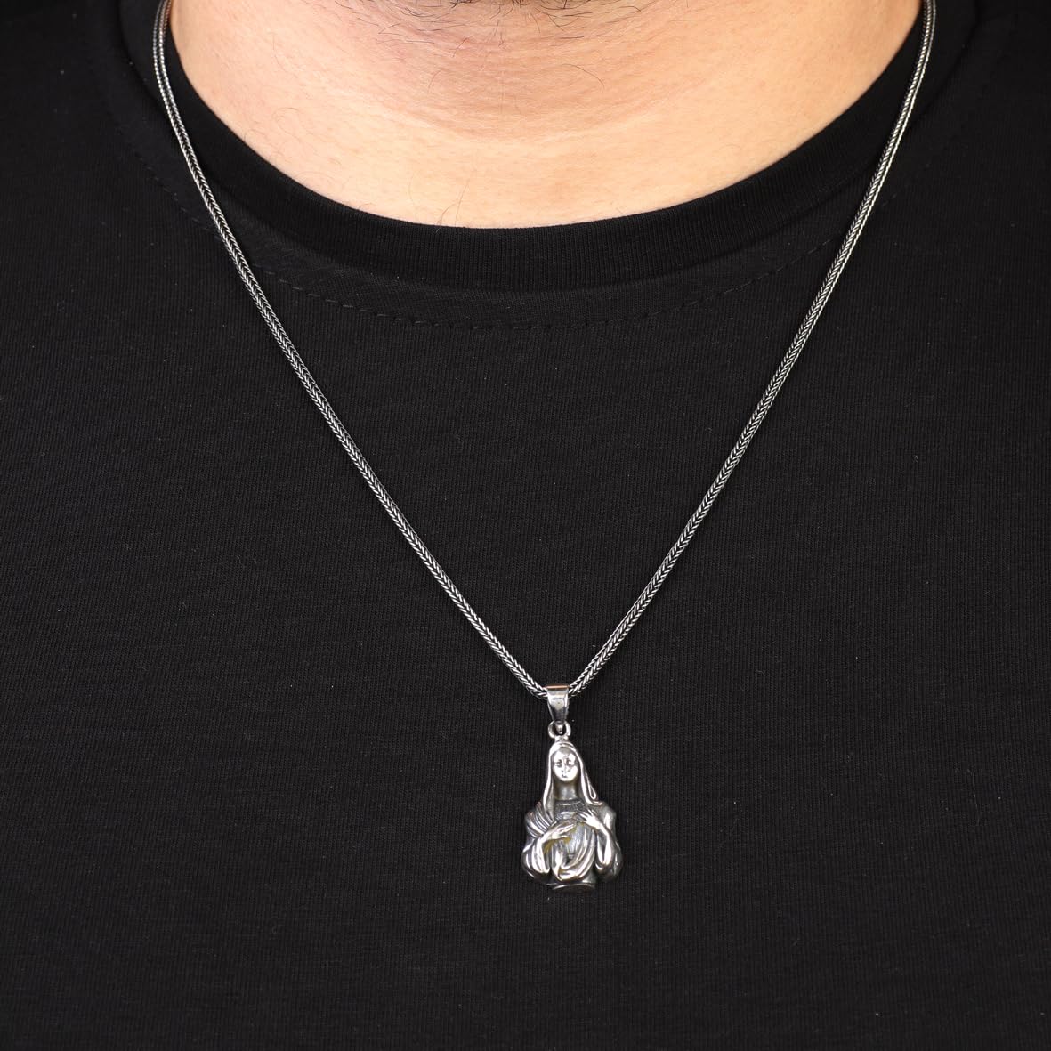 Silver Virgin Mary Men's Necklace