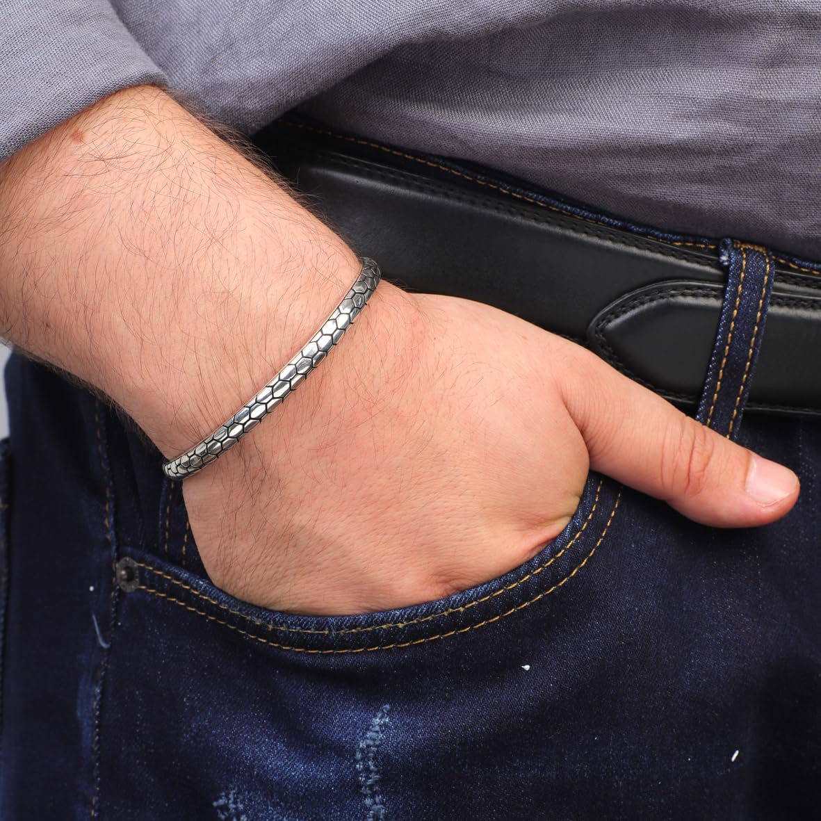 Handmade Silver Cuff Bracelet for Men – Thick Sterling Silver Band with Embroidered Vintage Design