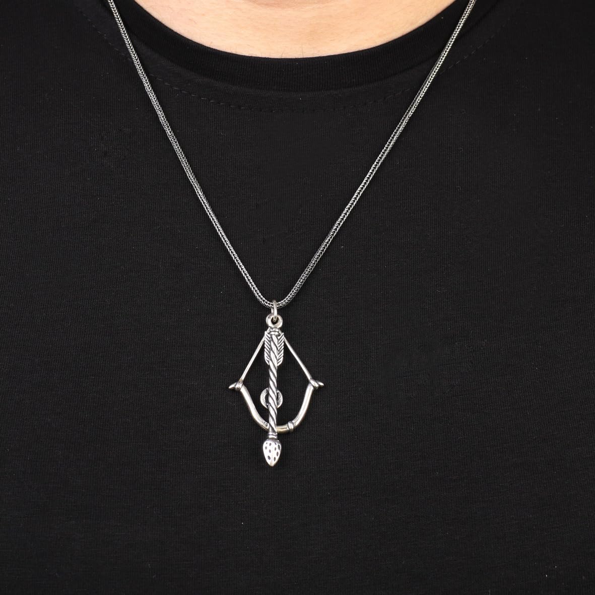 Bow and Arrow Pendant Necklace in Sterling Silver - Men’s Gothic - Biker Style with Silver Chain & Cleaning Cloth Gift