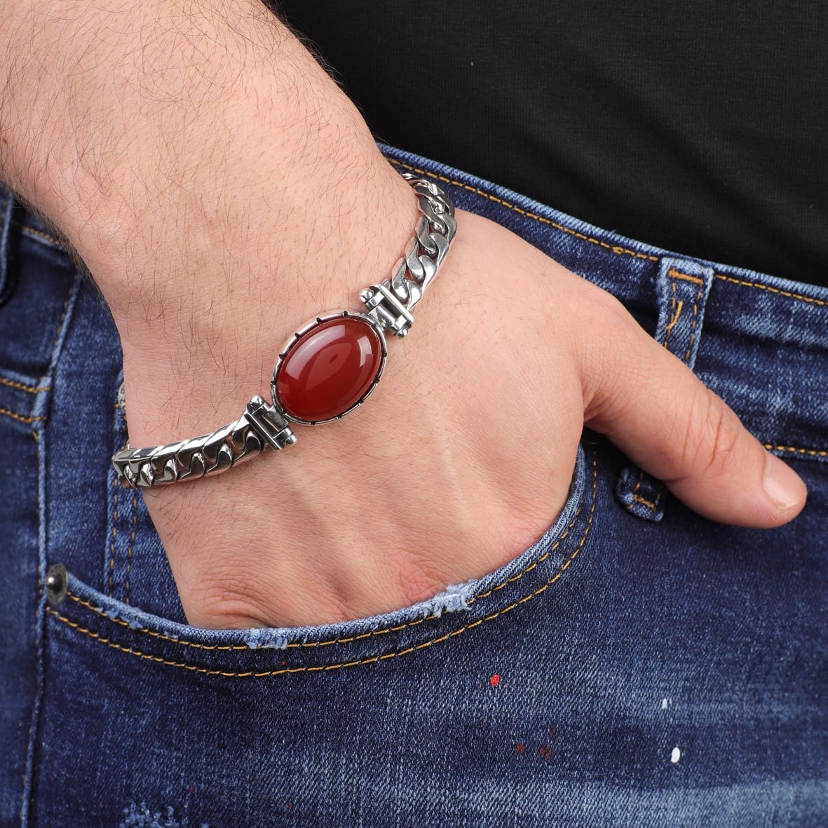 Made to Order Personalized Gothic Vintage Pattern 925 Sterling Silver Chain Bracelet for Men with Oval Carnelian Gemstone - Hand-Engraved Handmade Bracelet