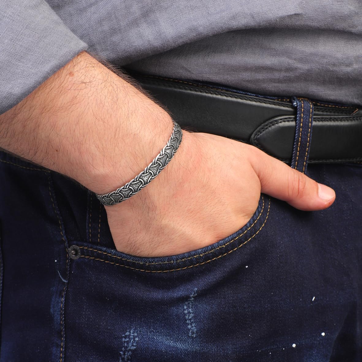 Hand-Engraved Thick Silver Band Bracelet for Men – Handmade Sterling Silver Cuff