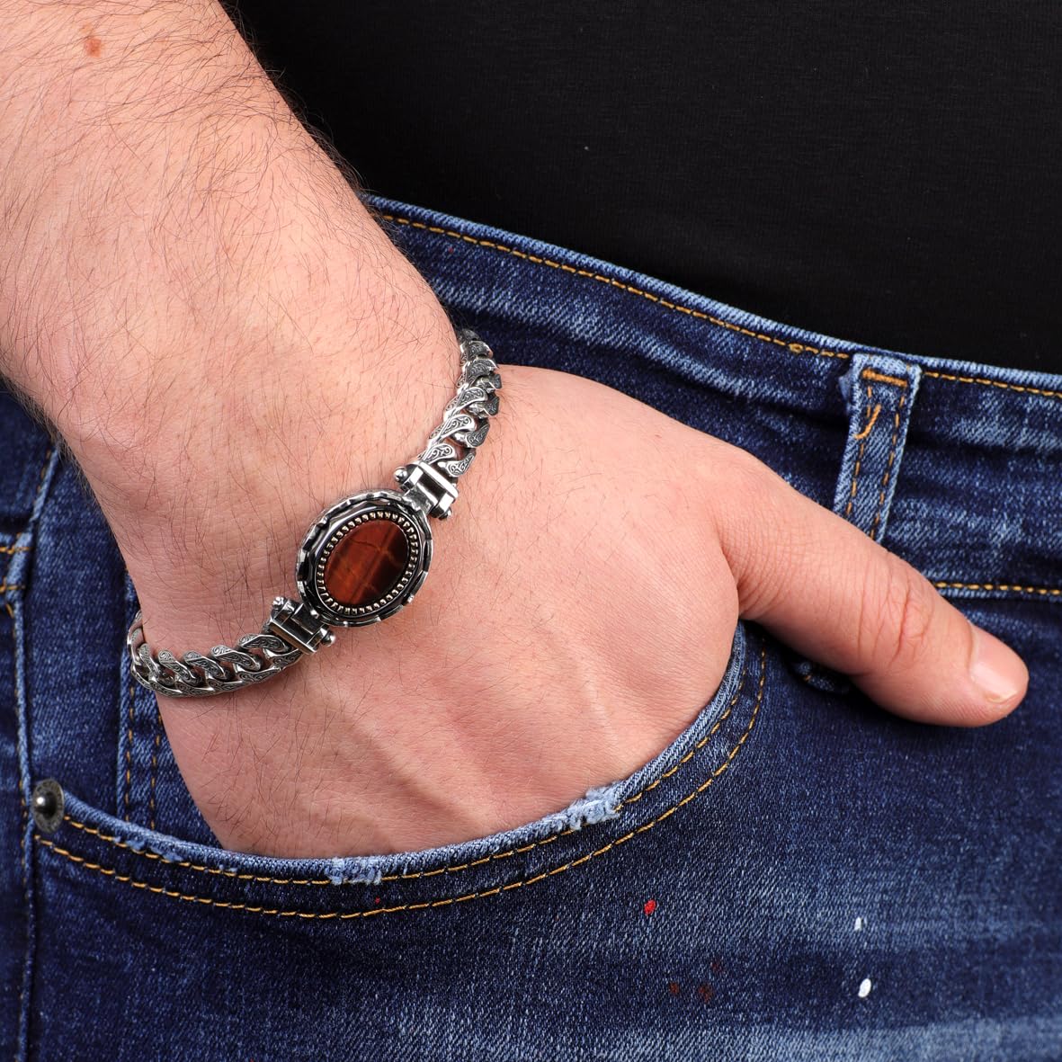 Made to Order Personalized Gothic Vintage Pattern 925 Sterling Silver Chain Bracelet for Men with Oval Tiger Eye Gemstone - Hand-Engraved Handmade Bracelet