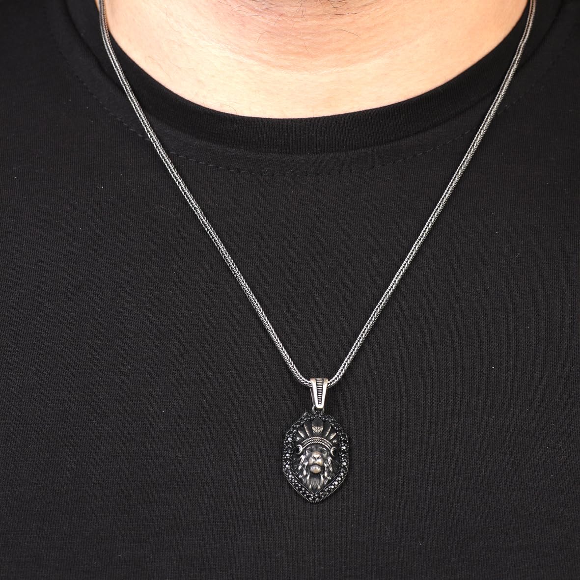 Lion Necklace with Micro Onyx Stone – American Indian Chief Gothic Sterling Silver Biker Pendant - Sterling Silver Lion Necklace