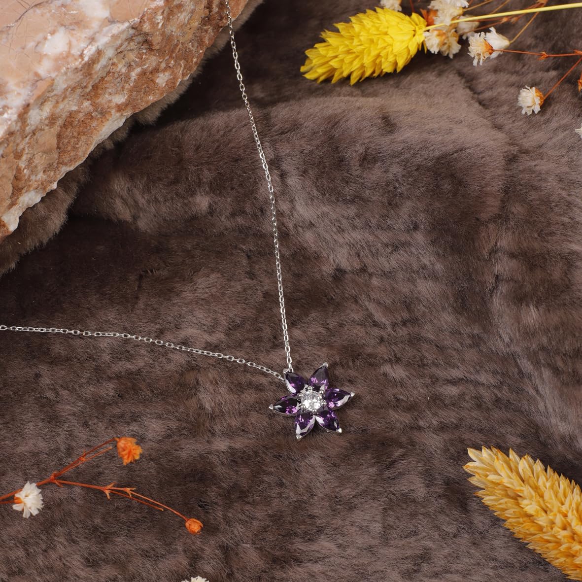 Amethyst Necklace on Sterling Silver Chain - Aesthetic and Cute Accessory - Sterling Silver Flower Necklace for Women's Aesthetic - Birthday Gifts for Women