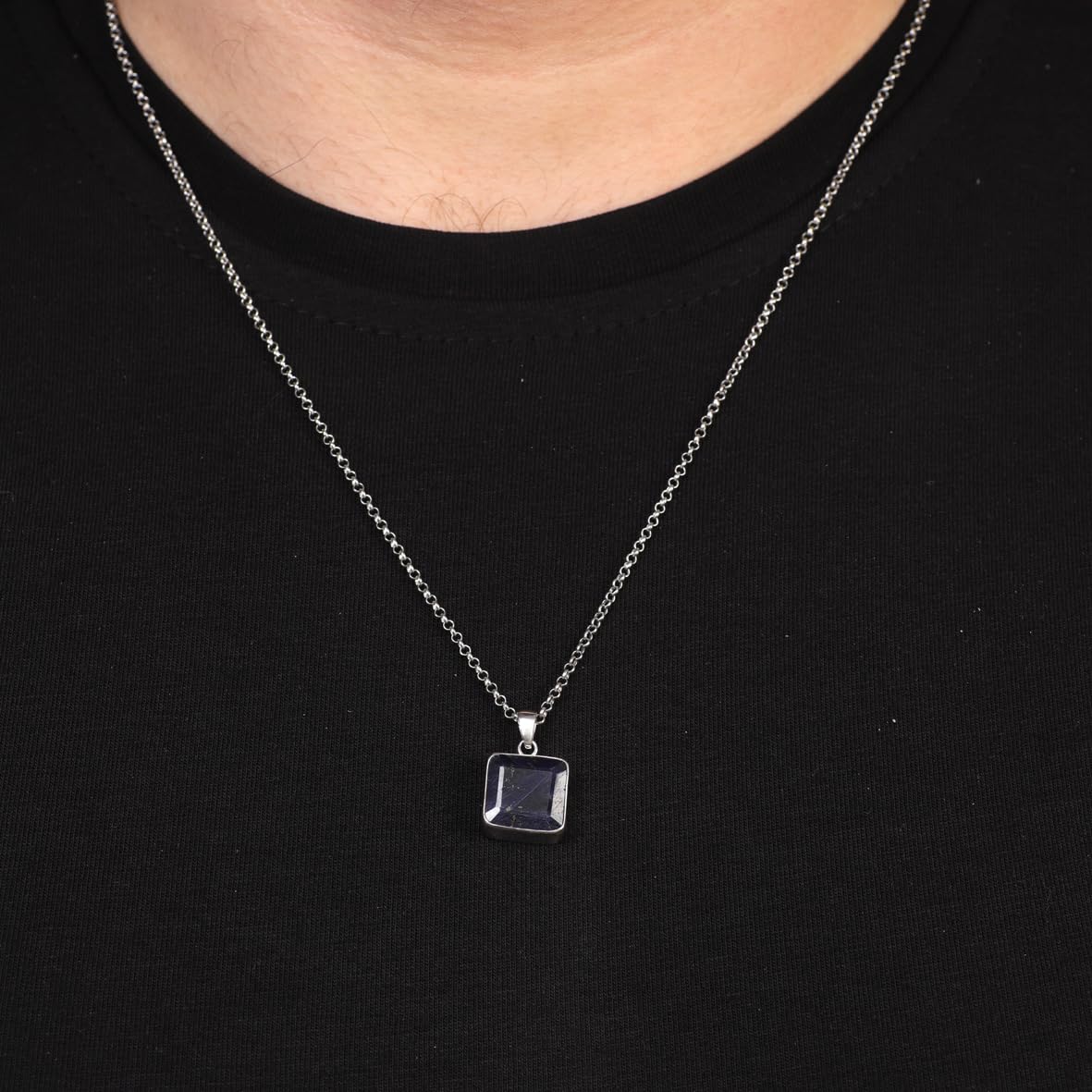 Sapphire Necklace – Gemstone Men’s Initial Pendant in Polished Sterling Silver with Silver Chain