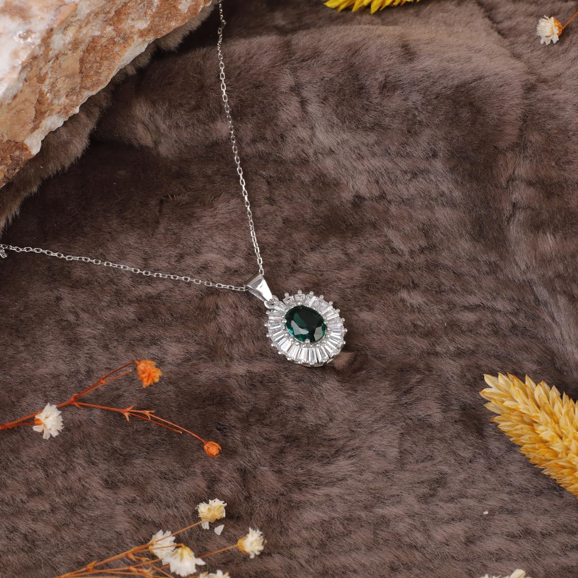 Sterling Silver Baguette and Emerald Necklace - Sterling Silver Aesthetic Jewelry for Women - Cute and Chic Sterling Silver Jewelry