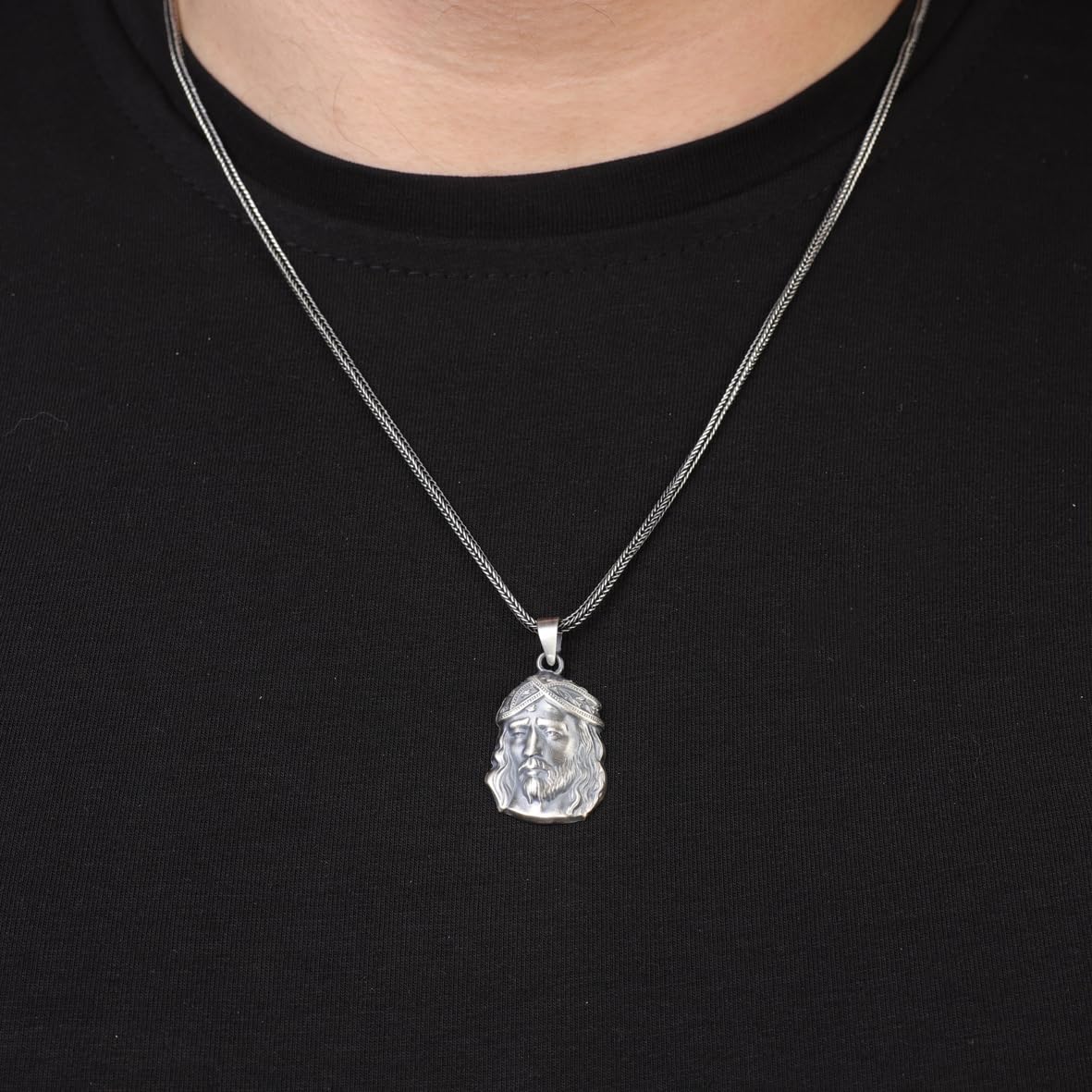 Sterling Silver Jesus Necklace – Christian Jewelry for Men – Gothic Biker Pendant with Silver Chain & Silver Cleaning Cloth Gift